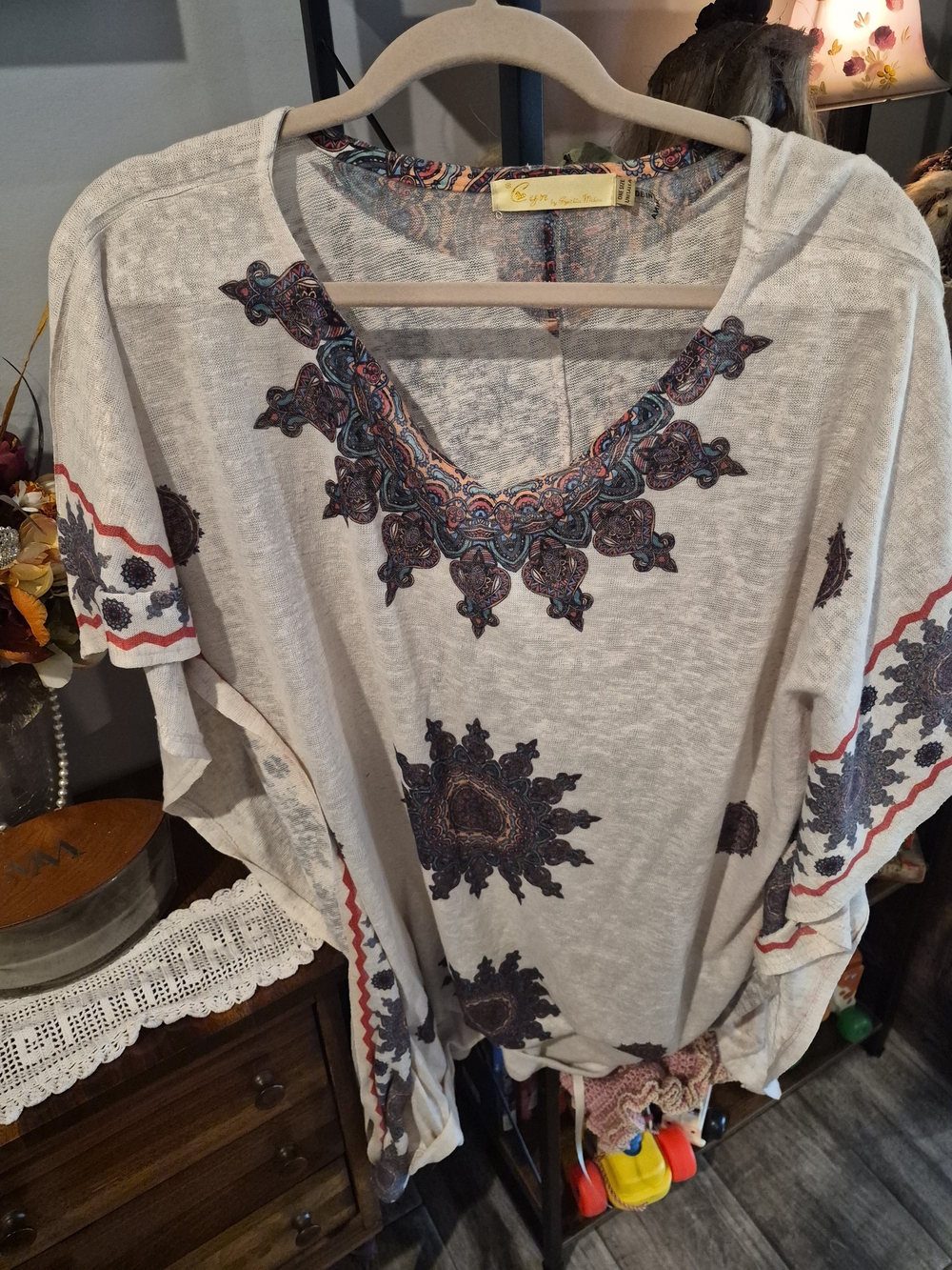 Boho Embroidered Cream Dolman Sleeve Top